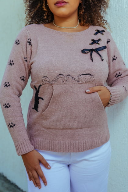 Blusa Mousse Gato Com Ilhós e Bolso